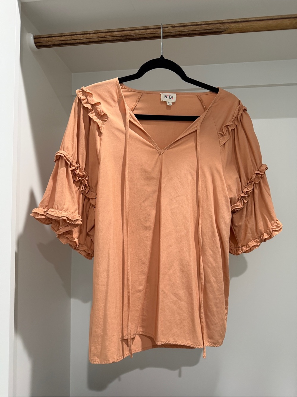 BiBi Peach Ruffle Tie V-Neck Blouse